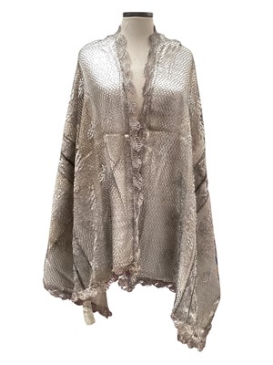 Lot 2548 - An Edwardian white metal lace stole with scalloped edging, lined.