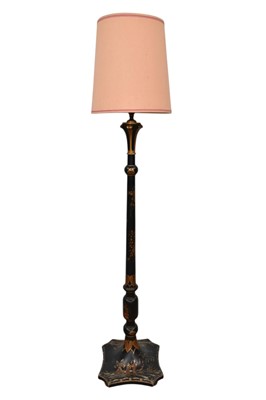 Lot 1356 - 1920s Chinoiserie standard lamp, the turned wooden column with black lacquered and gilded decoration on splayed base