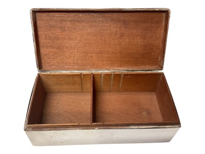 Lot 95 - Silver cigarette box with two division wood lined interior (Birmingham hallmarks, rubbed), 18cm x 8.5cm x 6cm