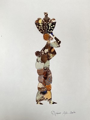 Lot 1207 - Group of vintage butterfly pictures depicting figures, pair of birds on a branch and a post of flowers, three in glazed frames, three unframed