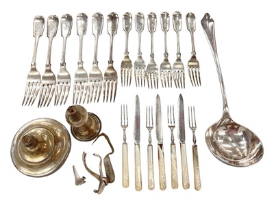 Lot 1004 - Georgian silver broken candlestick, Mappin & Webb silver plated knives and forks with mother of pearl handles, plated forks and plated ladle