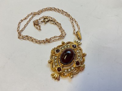 Lot 138 - Victorian style 9ct gold cabochon garnet and seed pearl pendant on a 9ct gold chain