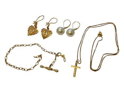 Lot 139 - Pair of Saudi Arabian yellow metal heart shaped pendant earrings, a pair of cultured pearl earrings with 18ct gold fittings, yellow metal cross pendant on 18ct gold chain