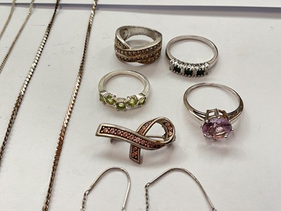 Lot 140 - Small group of silver and white metal jewellery to include gem set dress rings, pendants on chains, a brooch and a pair of drop earrings