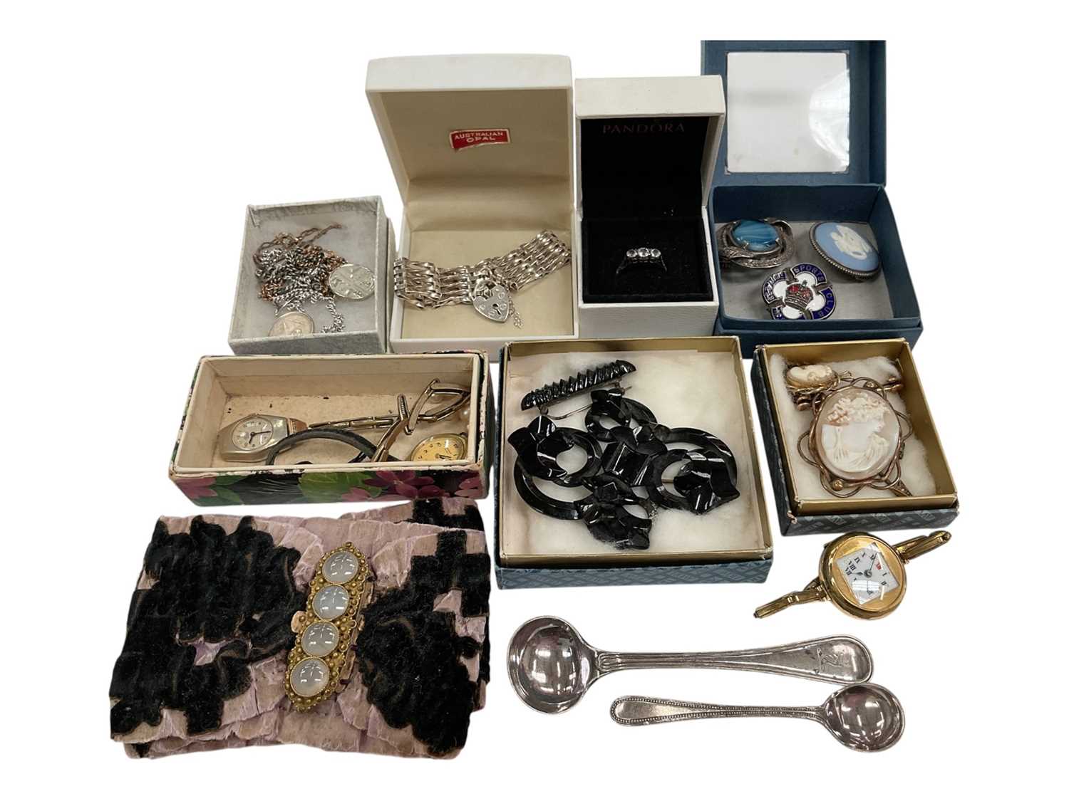 Lot 48 - Silver gate bracelet with padlock clasp, cameo brooch and pendant, vintage gilt metal wristwatch, other watches and bijouterie