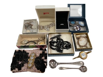 Lot 48 - Silver gate bracelet with padlock clasp, cameo brooch and pendant, vintage gilt metal wristwatch, other watches and bijouterie