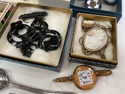 Lot 48 - Silver gate bracelet with padlock clasp, cameo brooch and pendant, vintage gilt metal wristwatch, other watches and bijouterie