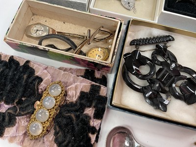 Lot 48 - Silver gate bracelet with padlock clasp, cameo brooch and pendant, vintage gilt metal wristwatch, other watches and bijouterie
