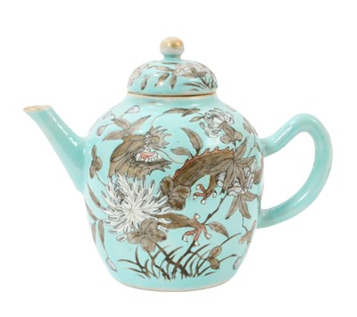 Lot 33 - Small Chinese porcelain teapot, painted en grisaille with a dragon amongst foliage, 19th/20th century, 15cm from spout to handle