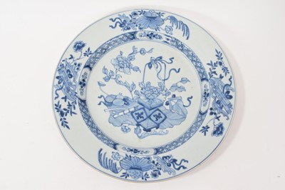 Lot 47 - 18th century Chinese blue and white porcelain dish, painted with flowers and various objects, 31.5cm diameter