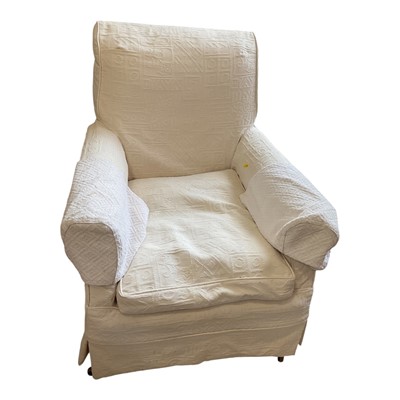 Lot 5400 - Late Victorian easy chair with cream loose cover, on turned legs