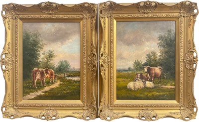 Lot 181 - Pair of 19th century oils on canvas, Cattle in a Landscape and Cattle and Sheep in a Landscape, 39cm x 29cm, in gilt frames.