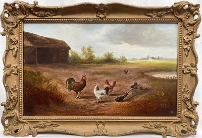Lot 180 - John Mace (b. 1937) oil on board, Chickens in a Farm Yard. signed with initials, 24cm x 40cm, in gilt frame.