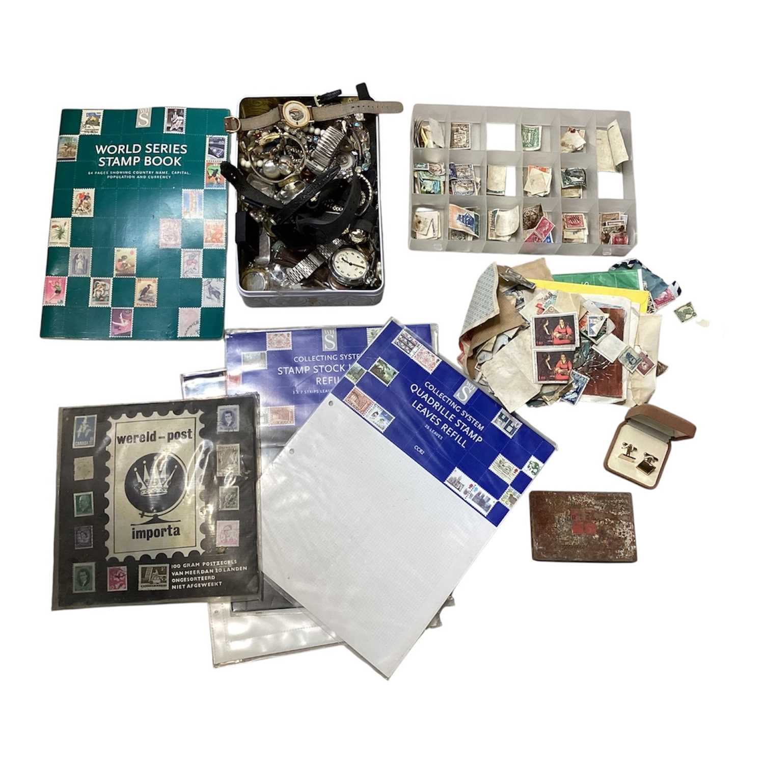 Lot 5165 - Box of stamps, watches, jewellery, etc