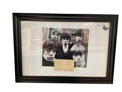 Lot 1165 - Autograph album page of Rolling Stones Keith Richard, Brian Jones, Mikc Jagger, Bill Wyman, Charlie Bay in a framed and glazed mount with picture, believed to be collected at Hammersmith Odeon