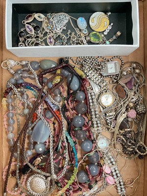 Lot 47 - Group of costume jewellery including silver gem set pendants, silver multi-gem set bracelet, silver labradorite necklace, various bead necklaces, watches etc
