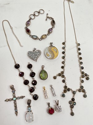 Lot 47 - Group of costume jewellery including silver gem set pendants, silver multi-gem set bracelet, silver labradorite necklace, various bead necklaces, watches etc