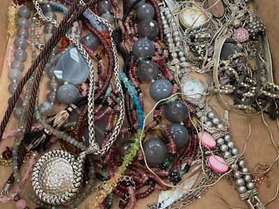 Lot 47 - Group of costume jewellery including silver gem set pendants, silver multi-gem set bracelet, silver labradorite necklace, various bead necklaces, watches etc