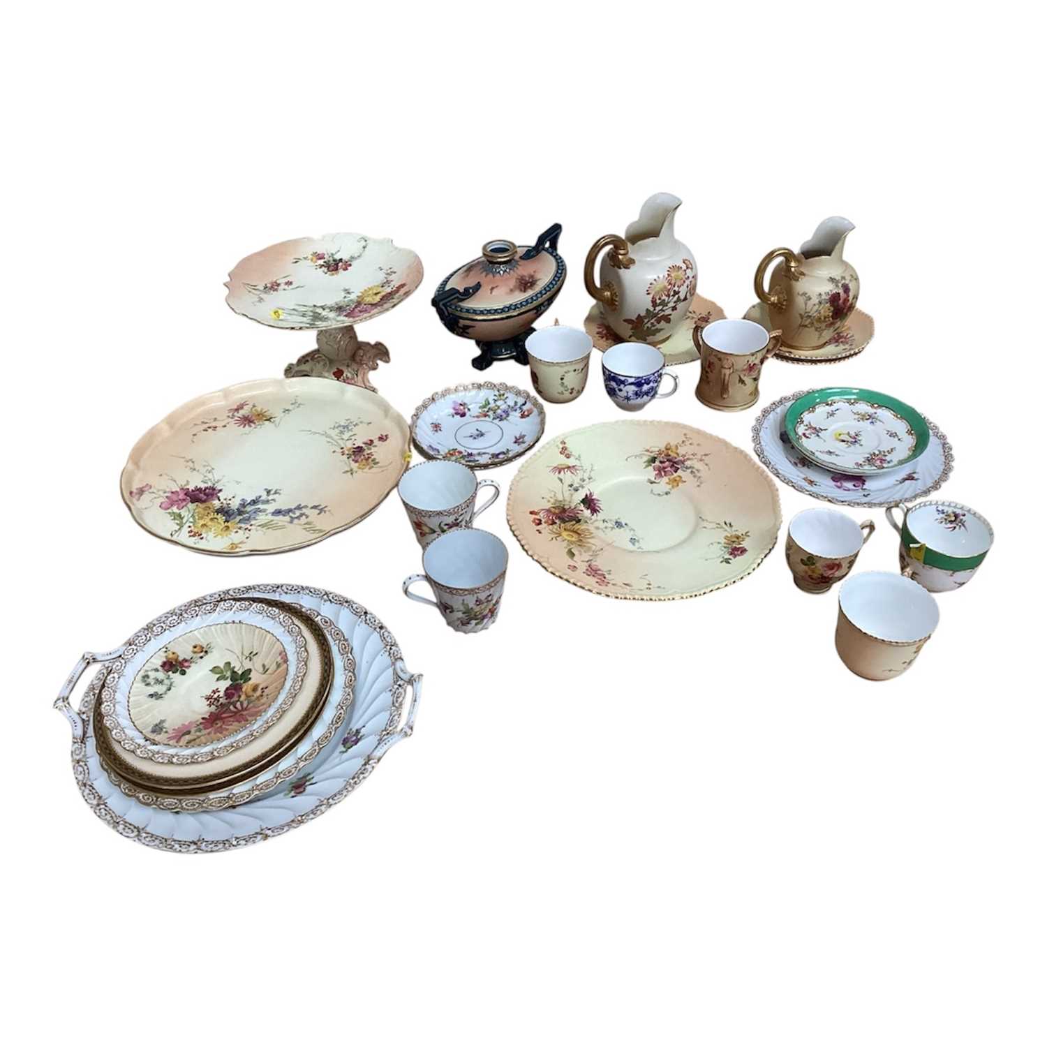 Lot 5041 - Collection of Worcester blush ivory porcelain cabinet pieces and similar Dresden