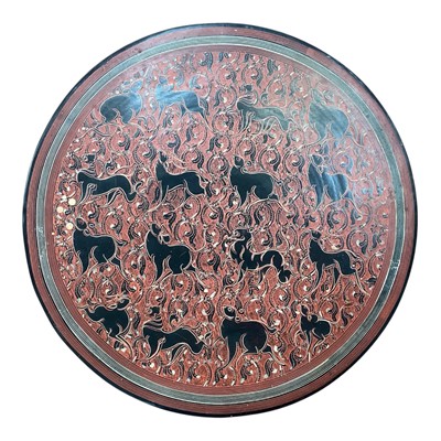 Lot 44 - Indonesian papier mâché box with fitted inner trays, decorated with animals