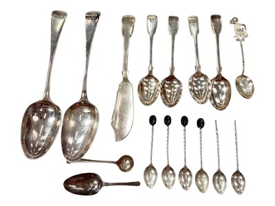 Lot 272 - Pair of Georgian silver tablespoons, other Georgian and later silver flatware, six silver (900) bean end coffee spoons, together with some silver plated items