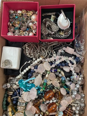 Lot 273 - Group of various bead necklaces, earrings and some silver jewellery including a pair of Mexican silver and turquoise drop earrings, novelty silver spaniel brooch etc