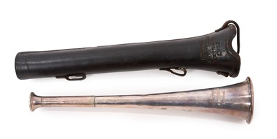 Lot 933 - Mid 19th century silver plated hunting horn by Percival, St James's St., London, engraved 'H. Hill, from E.B. Buxhall, 1847', in leather case