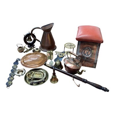 Lot 5208 - Group of copper and brassware to include a warming pan, copper jug etc