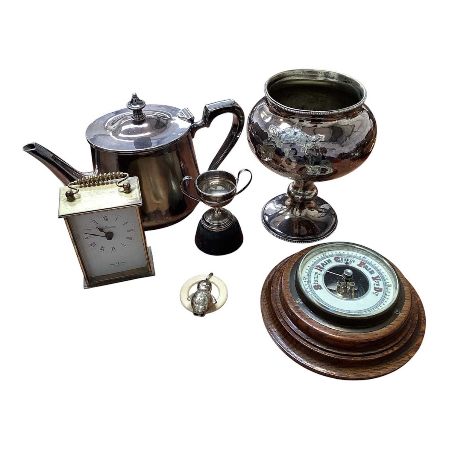 Lot 5006 - Small silver trophy engraved marathon race 1917, a children's silver plated teether, small barometer, silver plated teapot, quartz carriage clock etc
