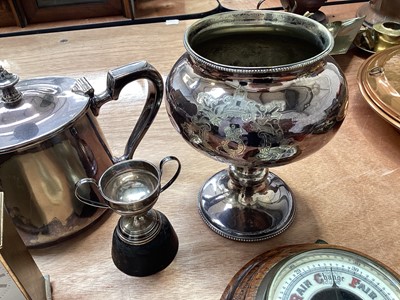 Lot 5006 - Small silver trophy engraved marathon race 1917, a children's silver plated teether, small barometer, silver plated teapot, quartz carriage clock etc