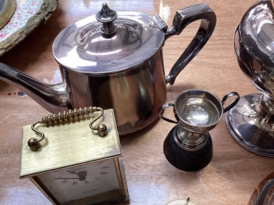 Lot 5006 - Small silver trophy engraved marathon race 1917, a children's silver plated teether, small barometer, silver plated teapot, quartz carriage clock etc