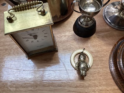 Lot 5006 - Small silver trophy engraved marathon race 1917, a children's silver plated teether, small barometer, silver plated teapot, quartz carriage clock etc