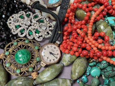 Lot 49 - Group of vintage costume jewellery and a 9ct gold cased Smiths Astral ladies' wristwatch on cord strap