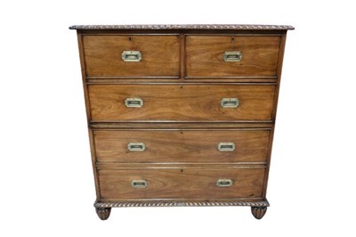 Lot 1407 - 19th century Anglo-Indian teak campaign chest, in two parts