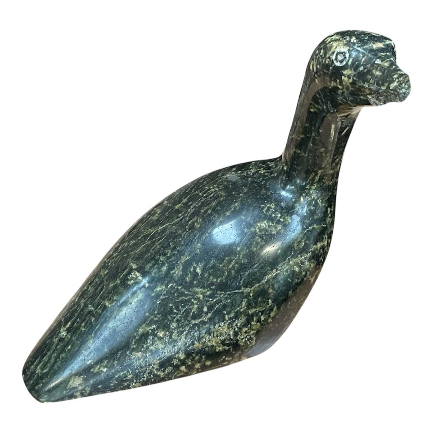 Lot 5025 - Inuit carved stone bird, signed, other ornaments and a large Victorian papier mâché tray
