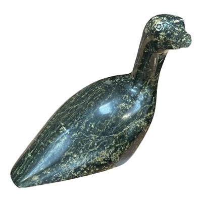 Lot 5025 - Inuit carved stone bird, signed, other ornaments and a large Victorian papier mâché tray