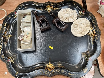 Lot 5025 - Inuit carved stone bird, signed, other ornaments and a large Victorian papier mâché tray