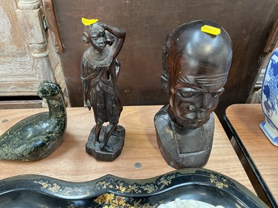 Lot 5025 - Inuit carved stone bird, signed, other ornaments and a large Victorian papier mâché tray