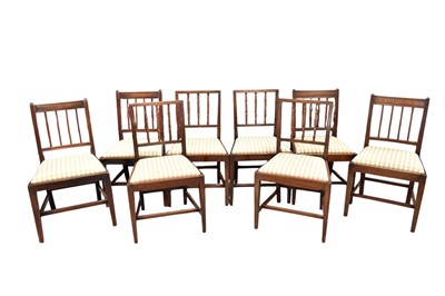 Lot 1412 - Matched set of eight 19th century mahogany dining chairs, with spindle back and slip in seat on square tapered supports, comprising of a set of four and four similar with conforming upholstery