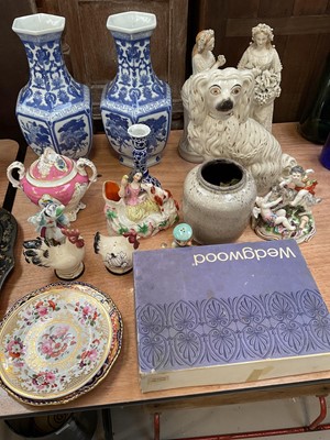 Lot 5064 - Group of ceramics, including Staffordshire, Samson group of cherubs and a goat, pair of bisque figures, other 19th century and later china