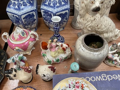 Lot 5064 - Group of ceramics, including Staffordshire, Samson group of cherubs and a goat, pair of bisque figures, other 19th century and later china