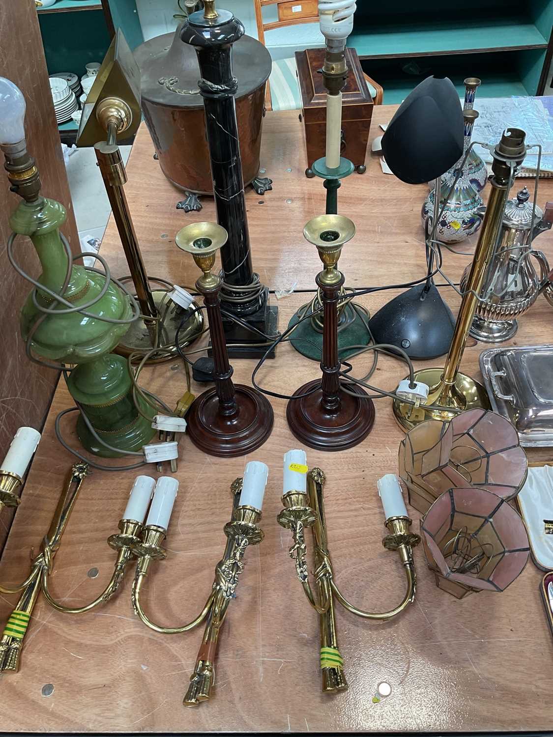 Lot 5151 - Group of lamps, brass wall lights, and a pair of turned oak candlesticks