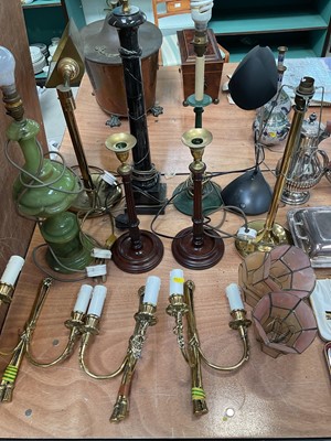 Lot 5151 - Group of lamps, brass wall lights, and a pair of turned oak candlesticks