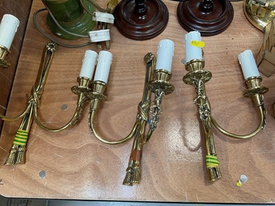 Lot 5151 - Group of lamps, brass wall lights, and a pair of turned oak candlesticks