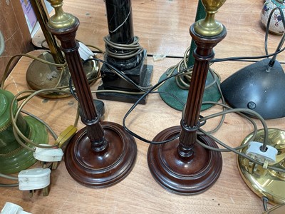 Lot 5151 - Group of lamps, brass wall lights, and a pair of turned oak candlesticks