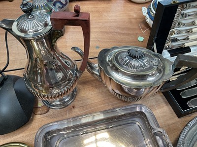 Lot 5150 - Group of silver plate, including teapot, coffee pot, flatware, etc