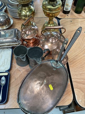 Lot 5149 - Group of metalwares, including two brass lamps, antique copper pan and kettles, pewter tankards, etc