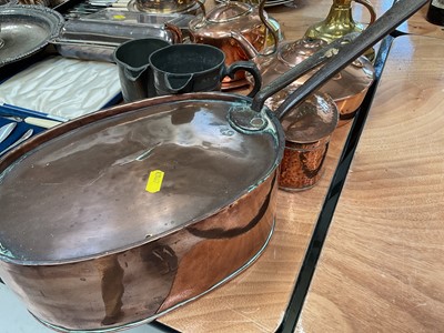 Lot 5149 - Group of metalwares, including two brass lamps, antique copper pan and kettles, pewter tankards, etc