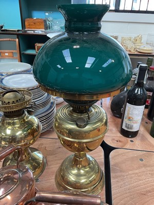 Lot 5149 - Group of metalwares, including two brass lamps, antique copper pan and kettles, pewter tankards, etc
