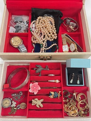 Lot 921 - Jewellery box containing costume jewellery, silver bangle, silver ring, various wristwatches and coins